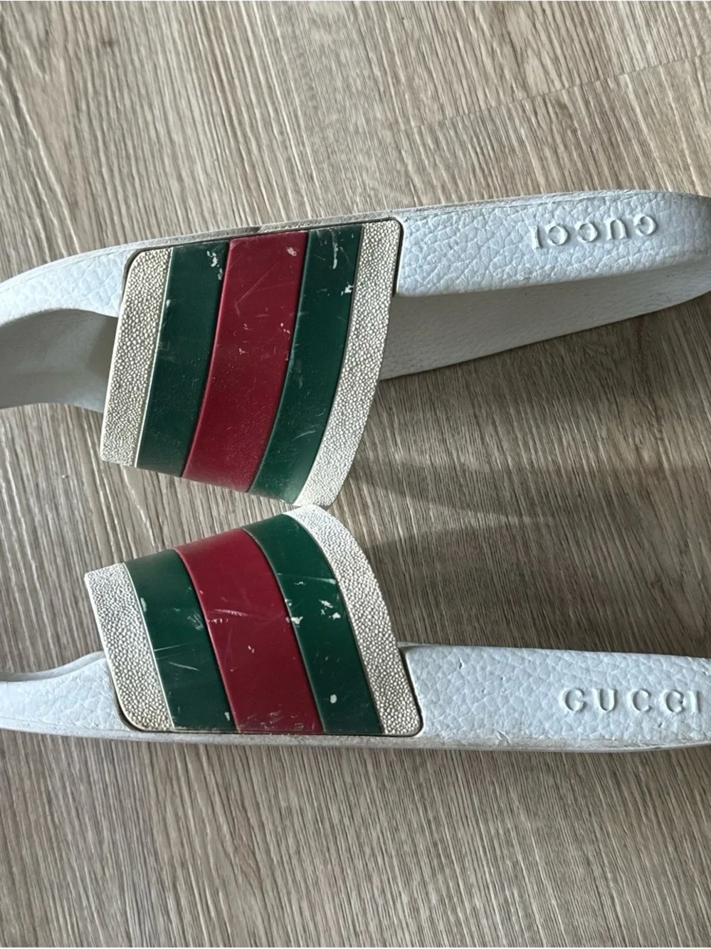 Gucci White Slides with Green and Red Stripes